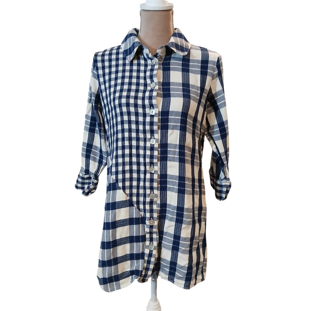 Soft Surroundings L Blue White Plaid Button Down Tunic Shirt Back Button  Large